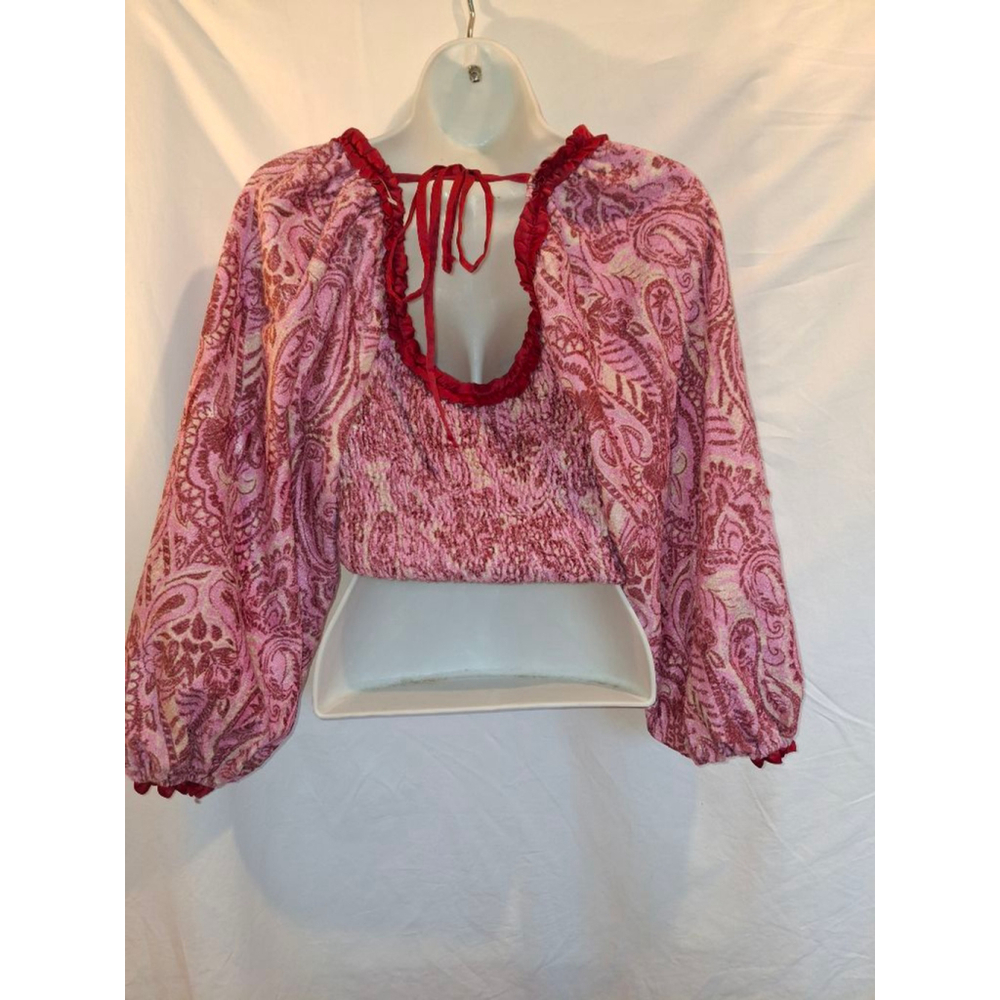 Free People Pink Red Paisley Long Sleeve Crop sz S festival Renaissance blouse - Picture 3 of 13